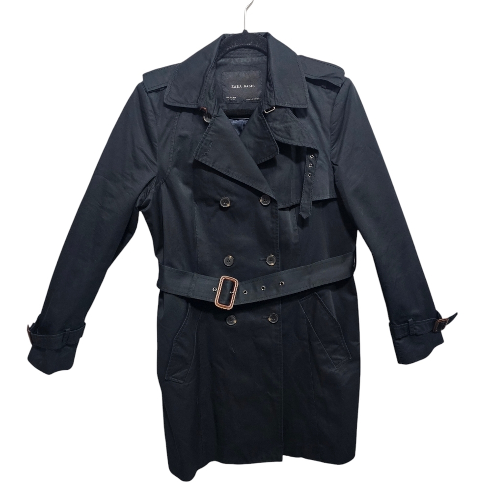 ZARA Basic Black Belted Double Breasted Trench Coat Size Large Black